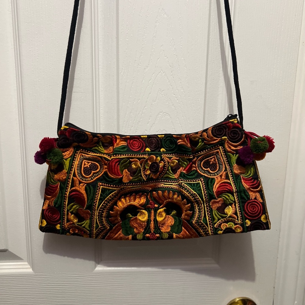 Beautiful Embroidered Crossbody Bag With Poof Balls